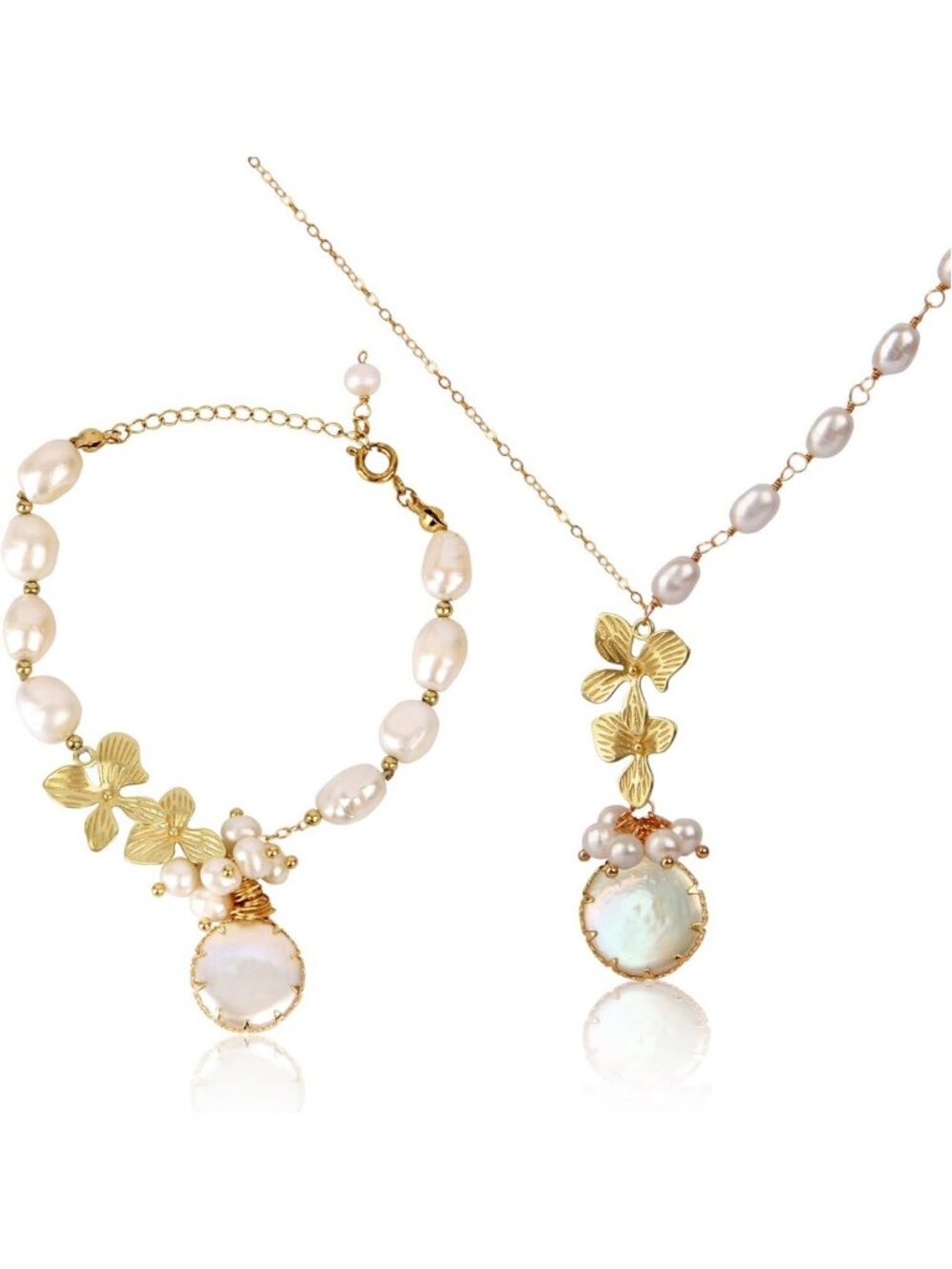 18k Gold Baroque Pearl Necklace & Bracelet Set - Handmade Dangle Jewelry for